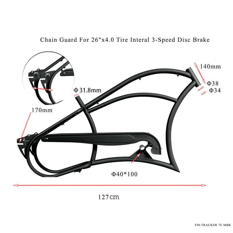Tracer FM-Harman 3D 26" Stretch Cruiser Steel Frame for Interal 3-Speed Disc Brake, Chain Guard included - EBike Haul