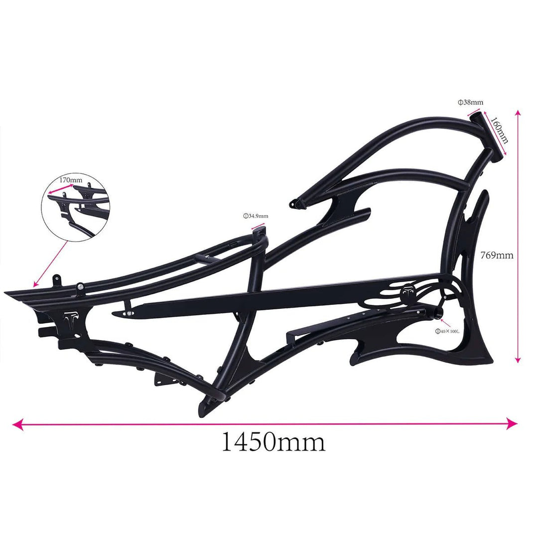 Tracer FM-RAPTOR Ebike Frame 26inch Stretch Chopper for Single Speed/7 Speed - EBike Haul