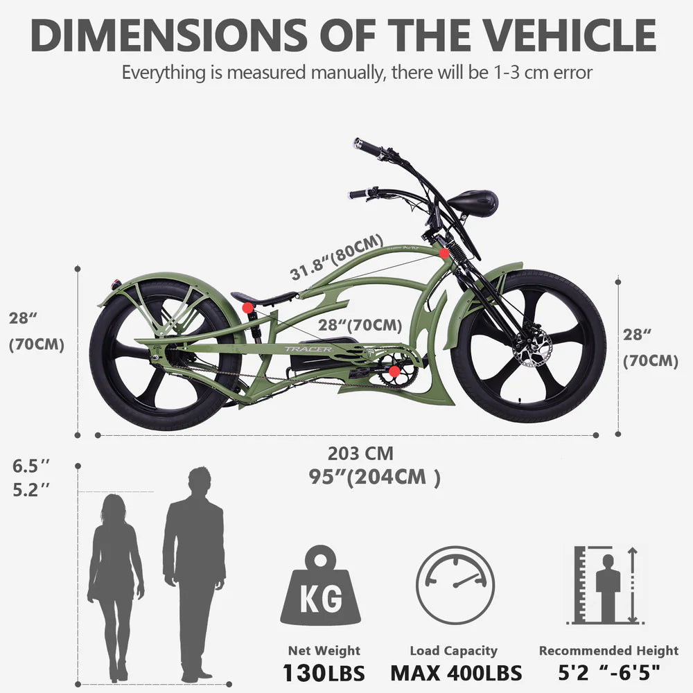 Tracer Raptor Pro DS 800W Stretch Cruiser, Chopper Fat Tire Electric Bike