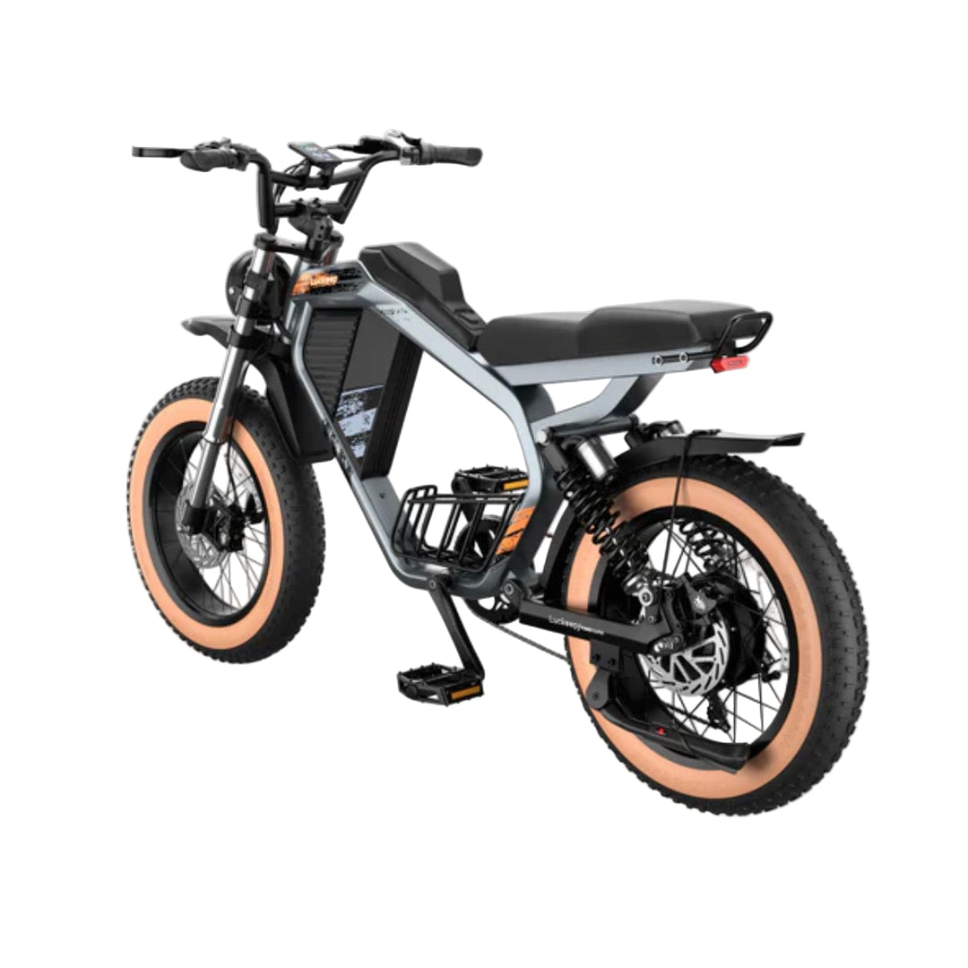 Electric bike with black frame and beige tires on a white background