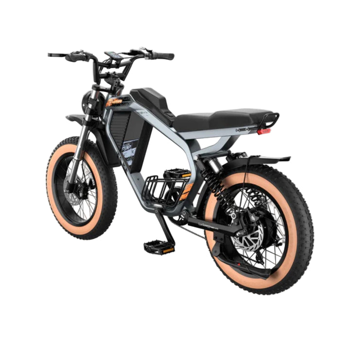 Electric bike with black frame and beige tires on a white background