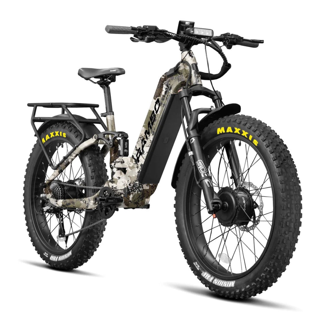 Electric bike with Maxxis tires on a white background