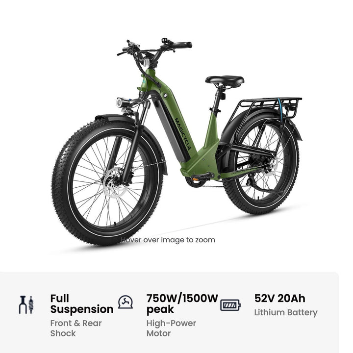Green electric bike with specifications on a white background