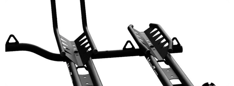 (2)  StableStop Mini Chocks: One-piece tire stops wedge front tires up to 5" wide into chock, maximize support, and hold e bikes upright while securing tie-downs.