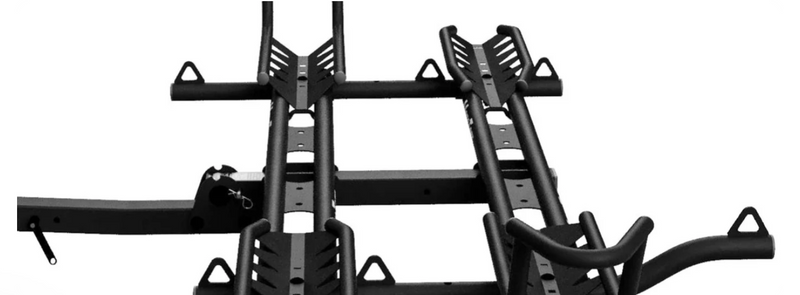 (2)   BroadPull Mini Dual Arms: Elongated version of our patented front tie-down arms provide main support for electric bike stabilization. Rear tie down arms prevent rear tire from bouncing out of track.