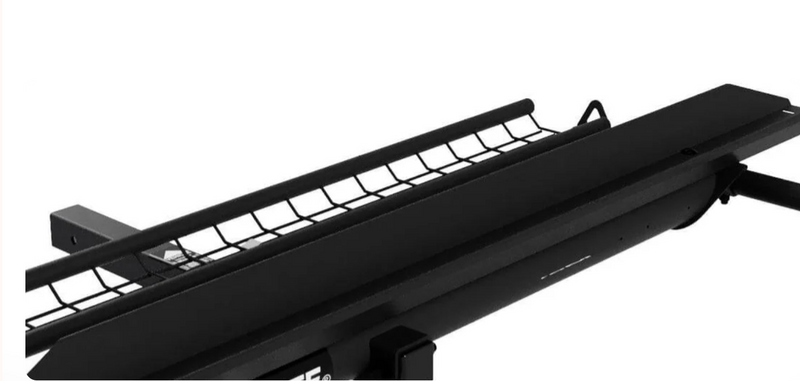 Angled Steel Track: Angled track wedges rear tire sizes up to 6" (152 mm) wide into track and accommodates up to 65" (165 cm) wheelbases.