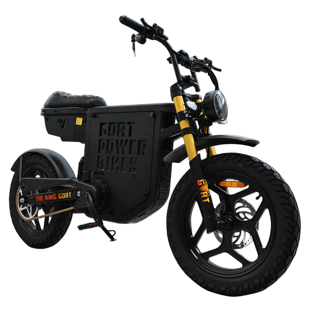 Goat Power King Goat V3 Electric Bike 8500W 70MPH Moped Style Ebike Moped-Style Electric Bikes Black - Gold Forks - Pedals 1