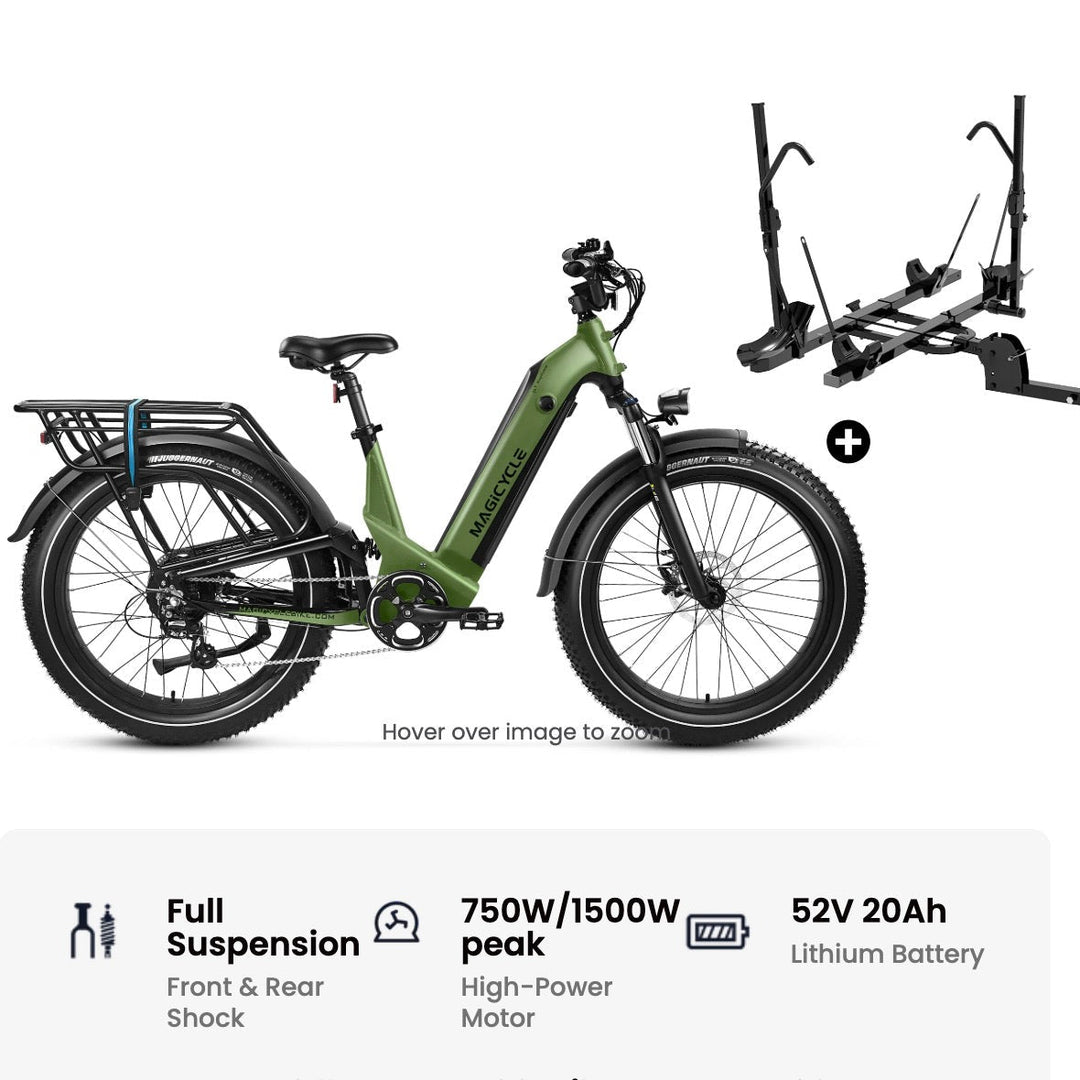 Magicycle 26"Deer ST Full Suspension Ebike SUV Step-Thru Electric Bikes Army Green Bike+ Hitch Bike Rack 16