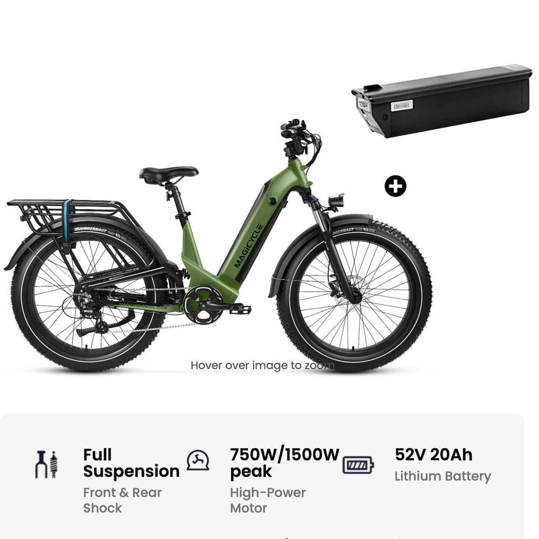Magicycle 26"Deer ST Full Suspension Ebike SUV Step-Thru Electric Bikes Army Green Bike + Second 20Ah Battery 17