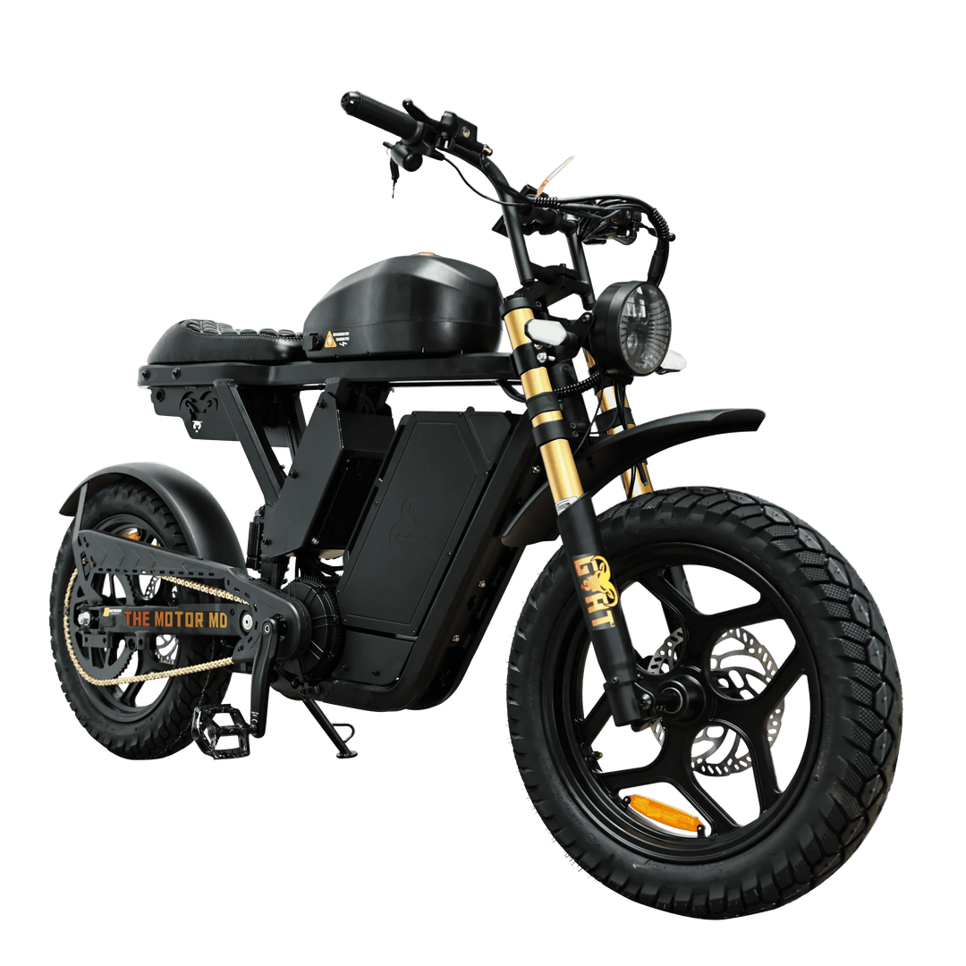 Motor Goat MD Electric Power Bike Moped-Style Electric Bikes Black - Gold Forks - Pedals 1