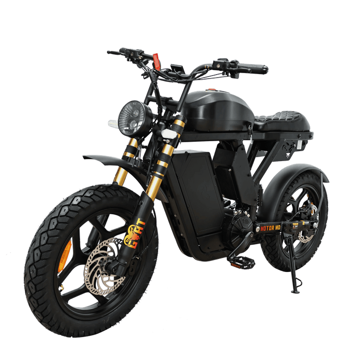 Motor Goat MD Electric Power Bike Moped-Style Electric Bikes Black - Gold Forks - Pedals 3