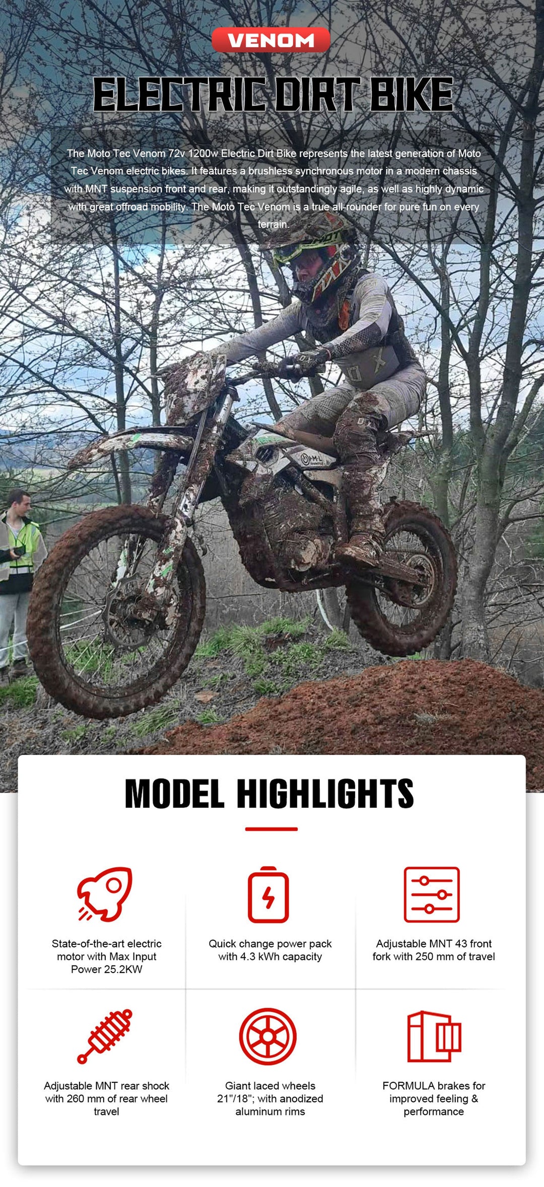 MotoTec Venom 72V 12000W Electric Dirt Bike 77MPH 60Ah CATL 4-Speed Manual Dirt Electric Bikes Black 16