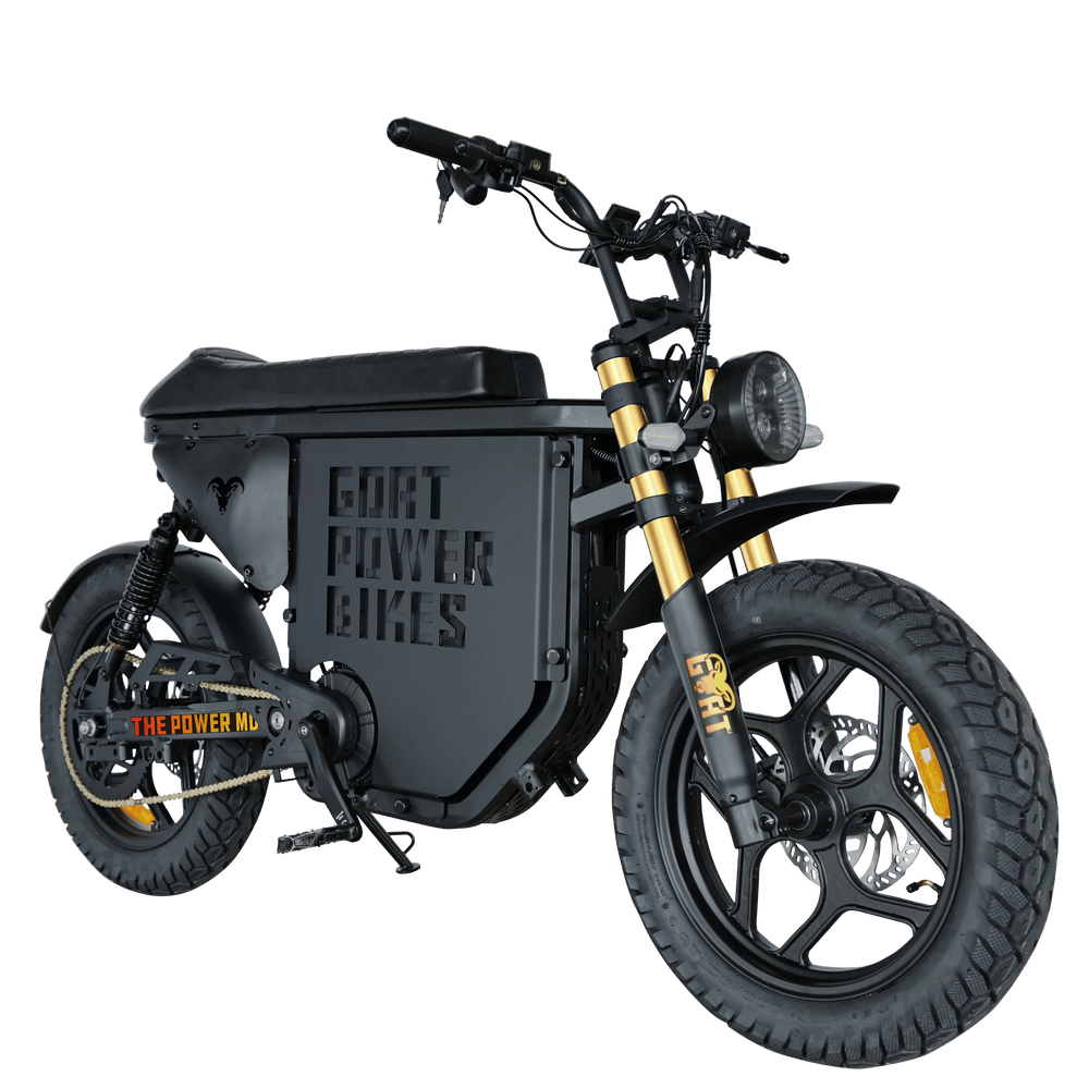 Power Goat MD Electric Power Bike Moped-Style Electric Bikes Black - Gold Forks - Pedals 2