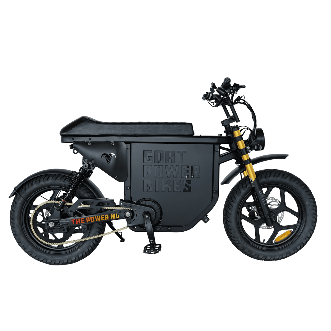 Power Goat MD Electric Power Bike Moped-Style Electric Bikes Black - Gold Forks - Pedals 3