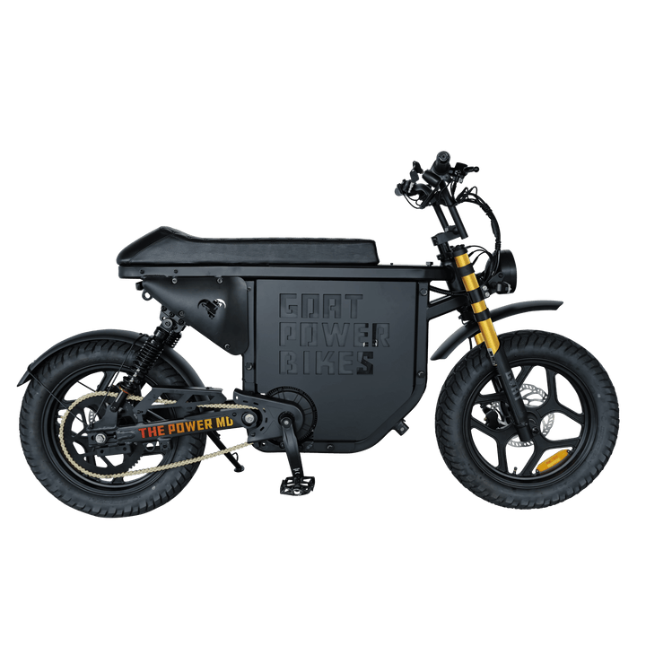 Power Goat MD Electric Power Bike Moped-Style Electric Bikes Black - Gold Forks - Pedals 3