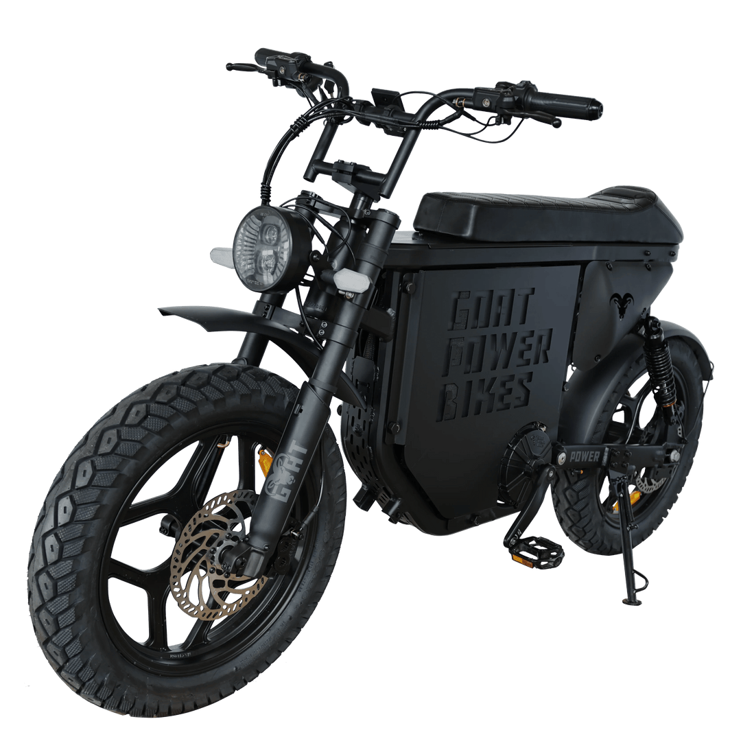 Power Goat MD Electric Power Bike Moped-Style Electric Bikes Black - Gold Forks - Pedals 7