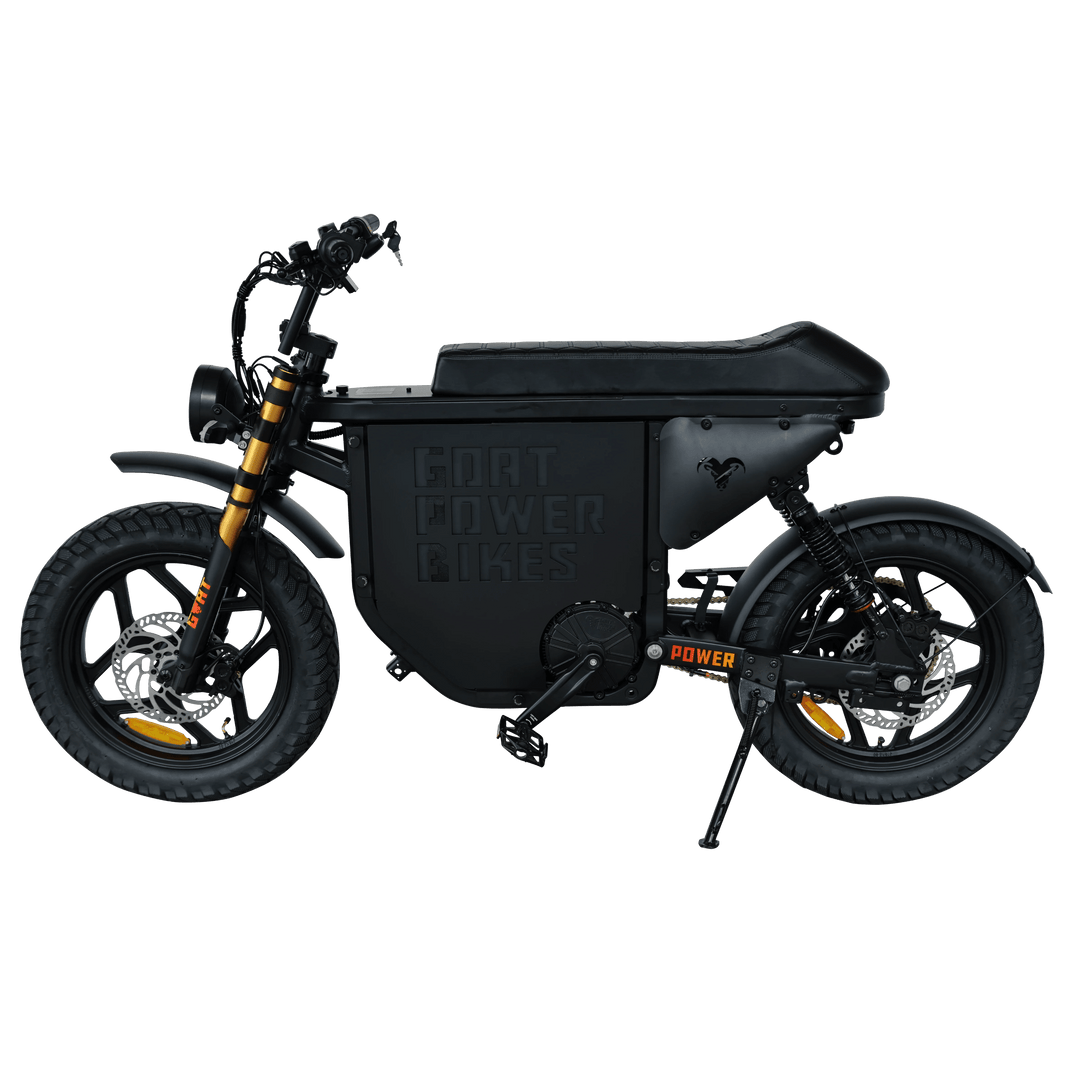 Power Goat MD Electric Power Bike Moped-Style Electric Bikes Black - Gold Forks - Pedals 5