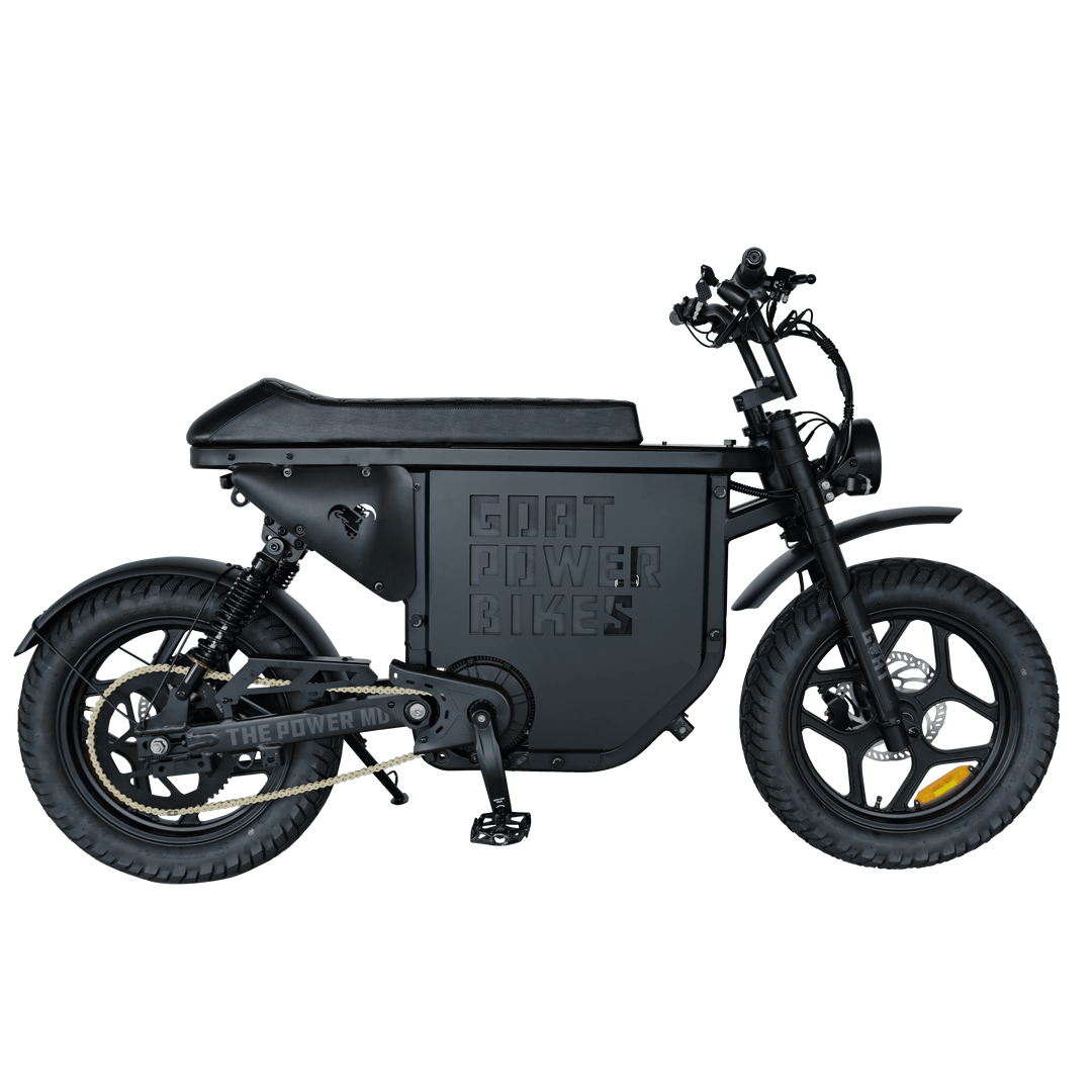 Power Goat MD Electric Power Bike Moped-Style Electric Bikes Black - Gold Forks - Pedals 6