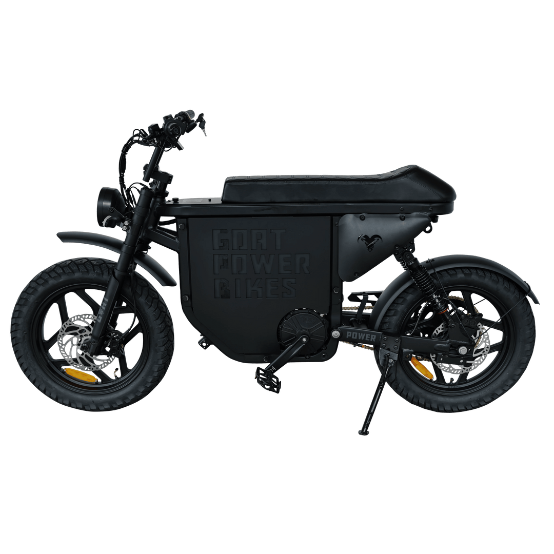 Power Goat MD Electric Power Bike Moped-Style Electric Bikes Black - Gold Forks - Pedals 8