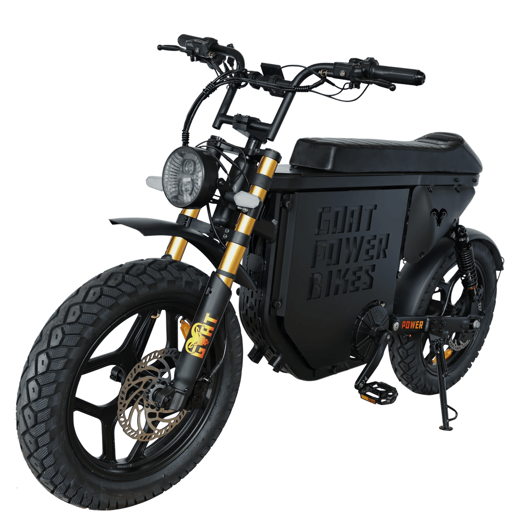 Power Goat MD Electric Power Bike Moped-Style Electric Bikes Black - Gold Forks - Pedals 4