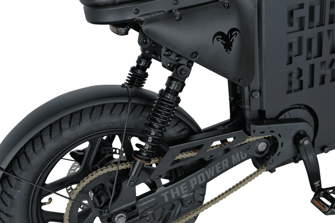 Power Goat MD Electric Power Bike Moped-Style Electric Bikes Black - Gold Forks - Pedals 9