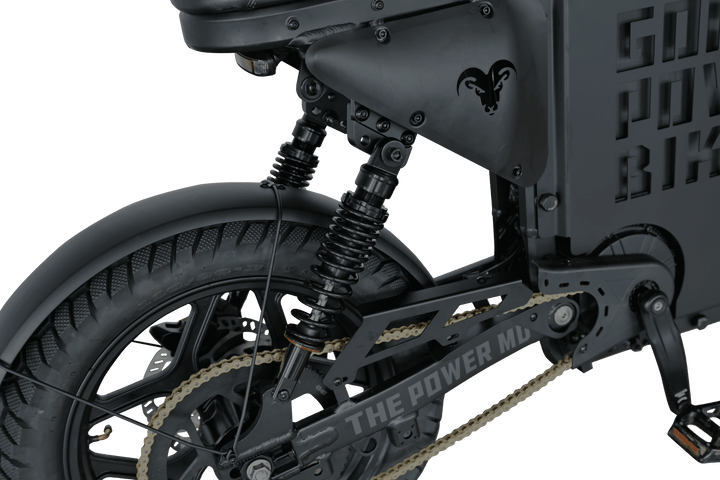 Power Goat MD Electric Power Bike Moped-Style Electric Bikes Black - Gold Forks - Pedals 9