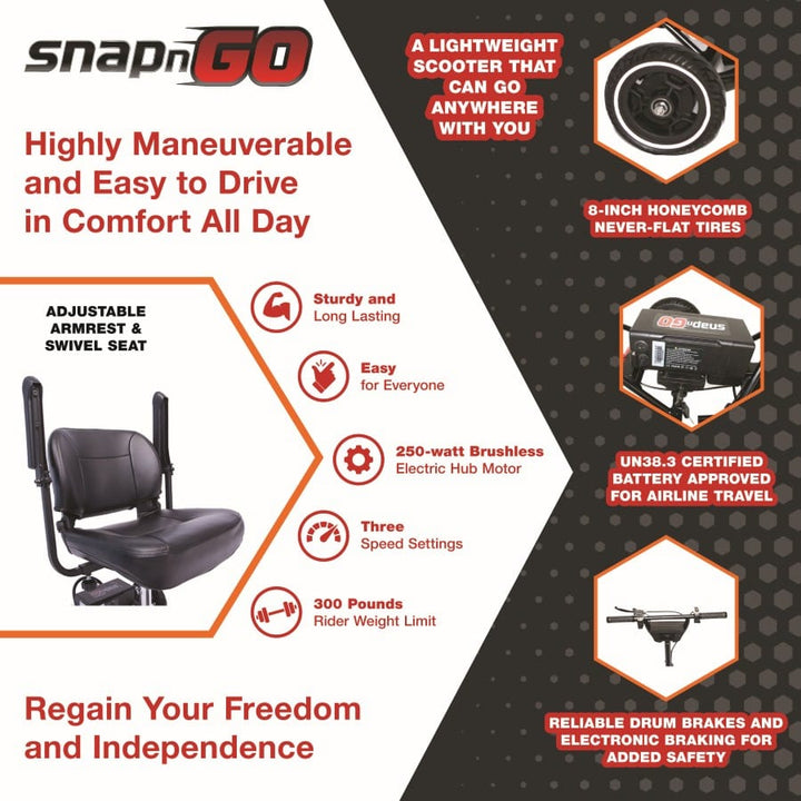 SNAPnGO Deluxe Edition Mobility Scooter – Lightweight, FAA Approved, 13-Mile Range 3 Wheel Mobility Scooters 9