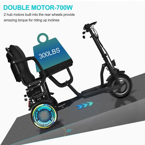 MotoTec| Folding Mobility Electric Trike 48v 700w Dual Motor Lithium Black