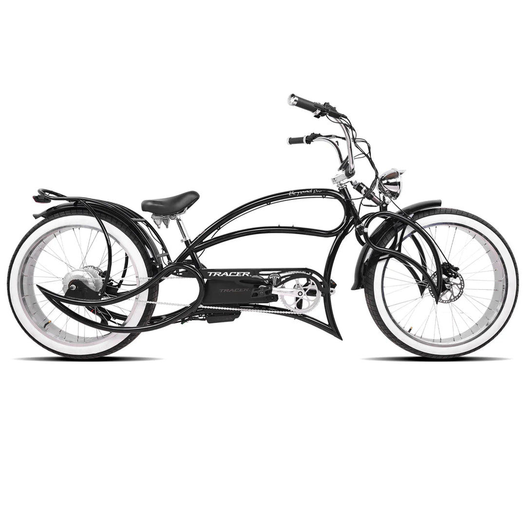 Tracer Beyond Pro 1000W 26" Classic Stretch Chopper Stretch Cruiser Electric Bikes Black/ Polish 18