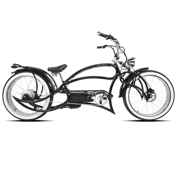Tracer Beyond Pro 1000W 26" Classic Stretch Chopper Stretch Cruiser Electric Bikes Black/ Polish 18