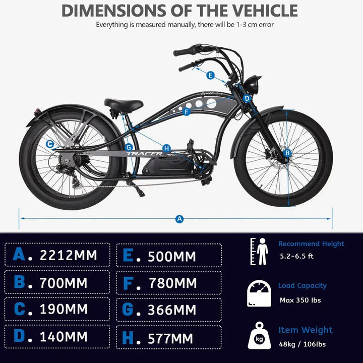 Tracer Chico GT7 750W Stretch Cruiser Tracer Chopper Cruiser Electric Bikes Blue 9