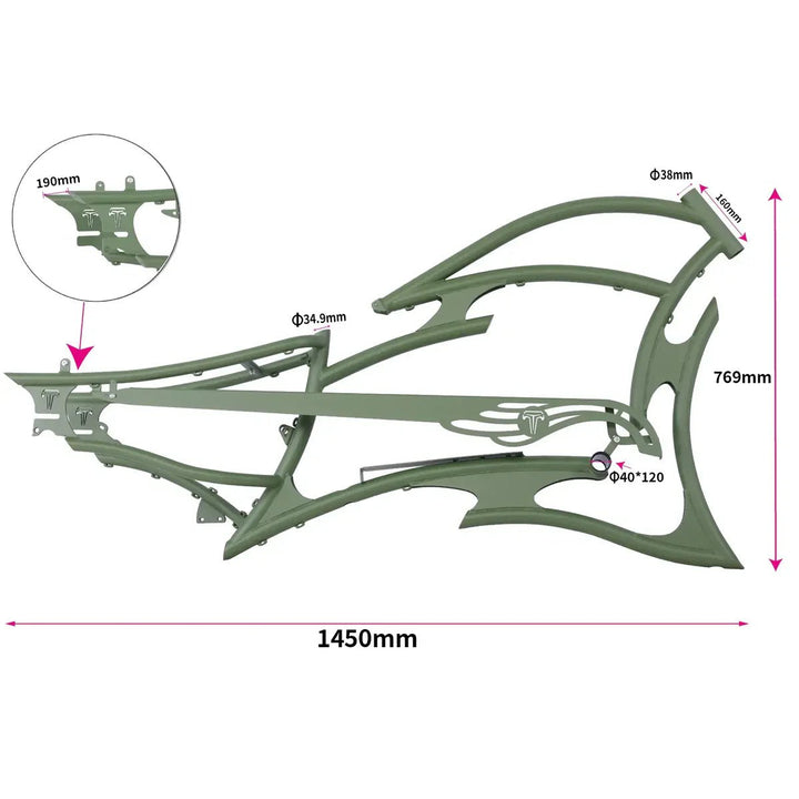 Tracer FM-RAPTOR Ebike Frame 26inch Stretch Chopper for Single Speed/7 Speed Tracer Batteries & Accessories Clear 45