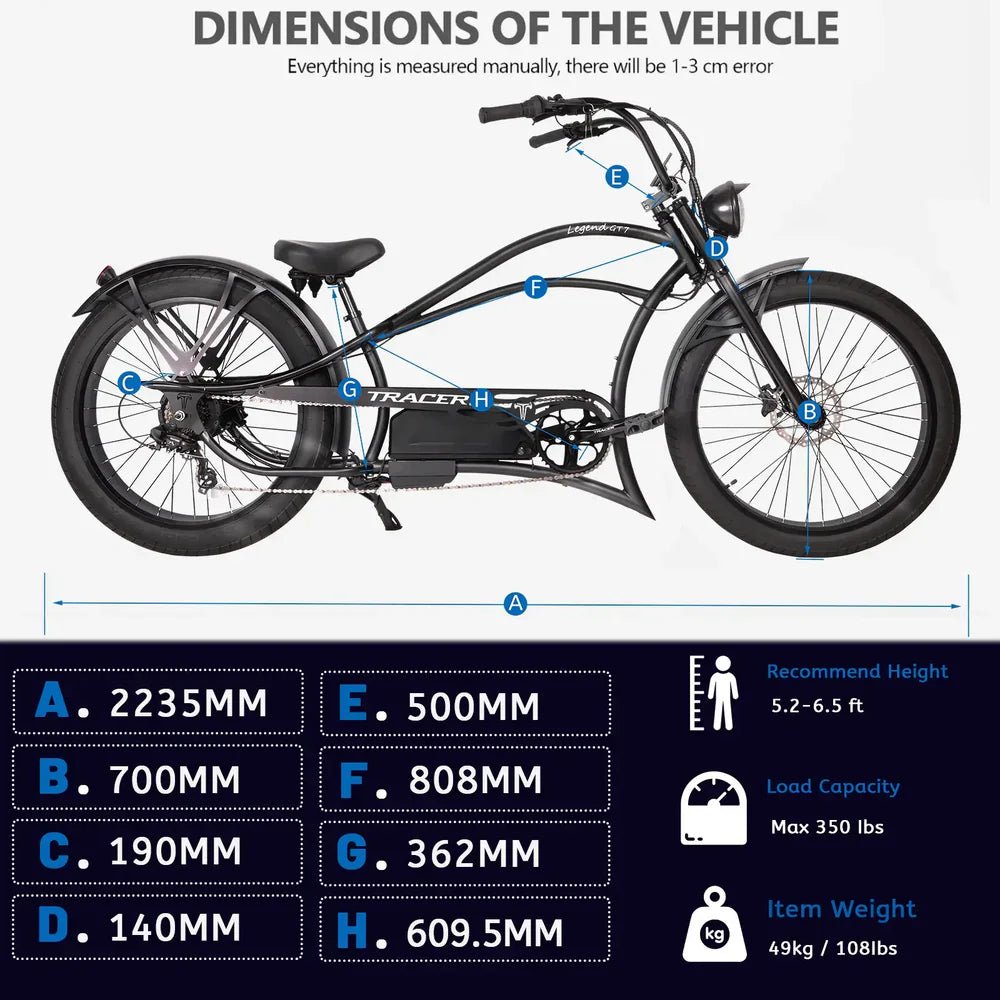 Tracer Legend GT7 1000W Stretch Cruiser Chopper Tracer Stretch Electric Cruiser Bikes Blue 14