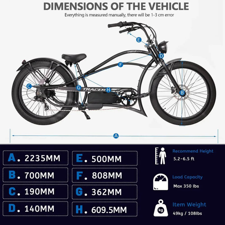 Tracer Legend GT7 1000W Stretch Cruiser Chopper Tracer Stretch Electric Cruiser Bikes Blue 14