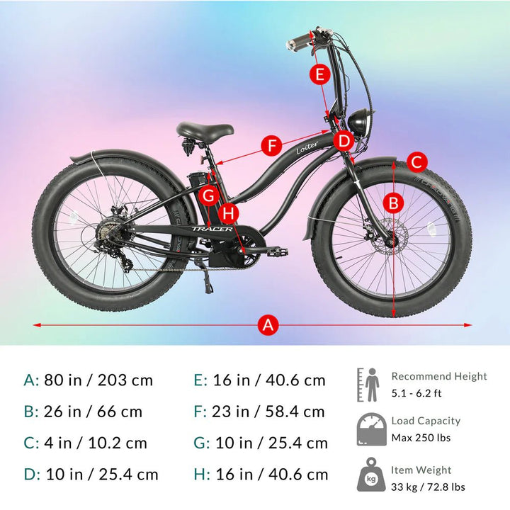 Tracer Loiter 26" 48V 800W Cruiser E-Bike Tracer Cruiser Electric Bikes Matte Black-Step-Thru Frame 19