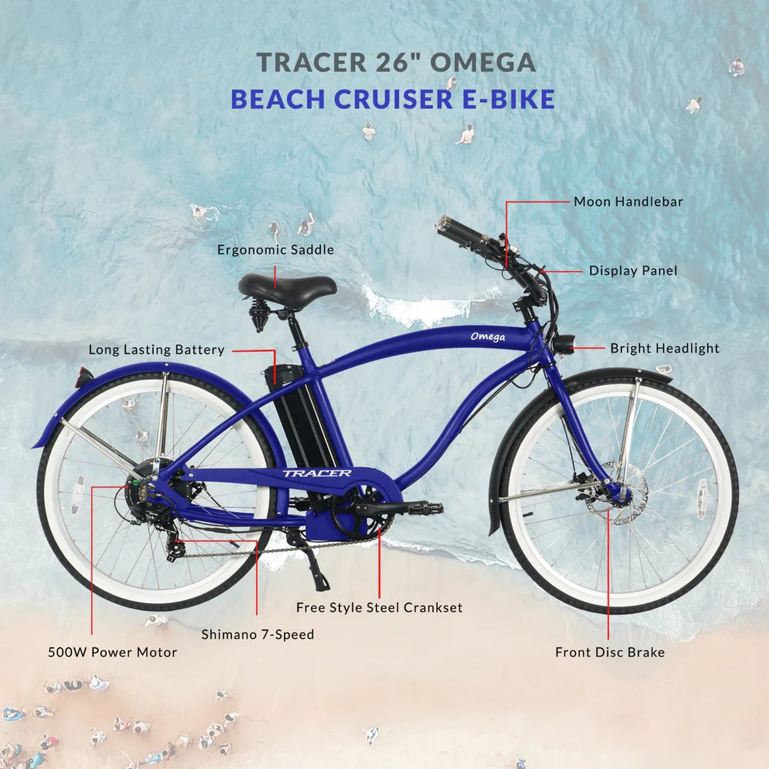 Tracer OMEGA 500W 26" 7 Speed Electric Beach Cruiser Bike for Men Tracer Cruiser Electric Bikes Matte Black 9