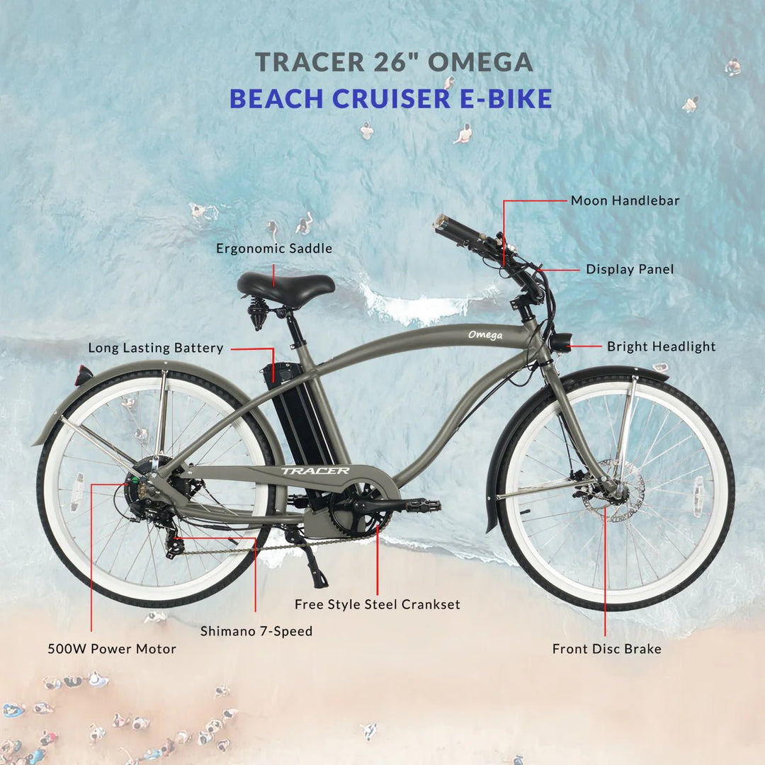 Tracer OMEGA 500W 26" 7 Speed Electric Beach Cruiser Bike for Men Tracer Cruiser Electric Bikes Matte Black 8