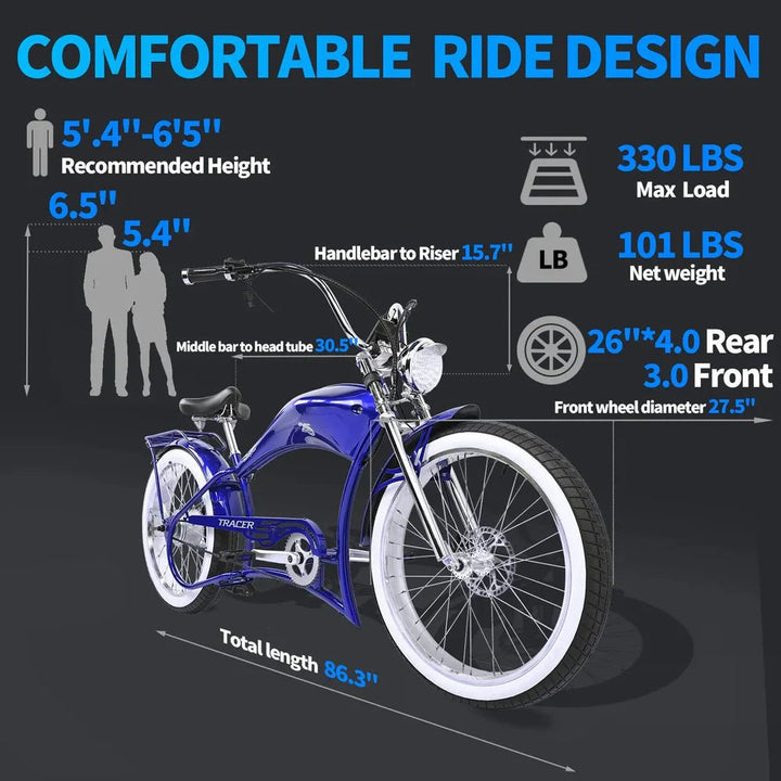 Tracer Twenty5 800W Chopper Stretch Cruiser Tracer Chopper Cruiser Electric Bikes Matte Black 22
