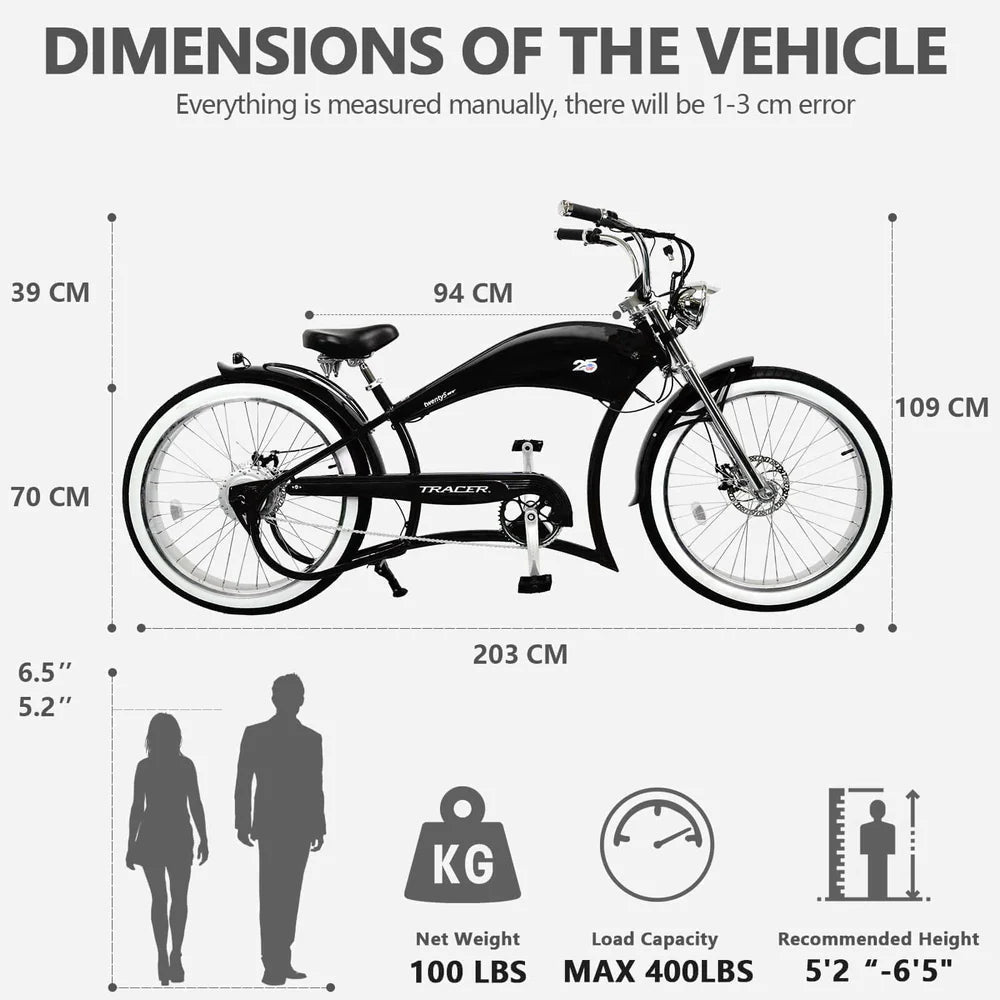 Tracer Twenty5 GT 500W 26" Chopper Cruiser E-Bikes Chopper Cruiser Electric Bikes Matte Black 16
