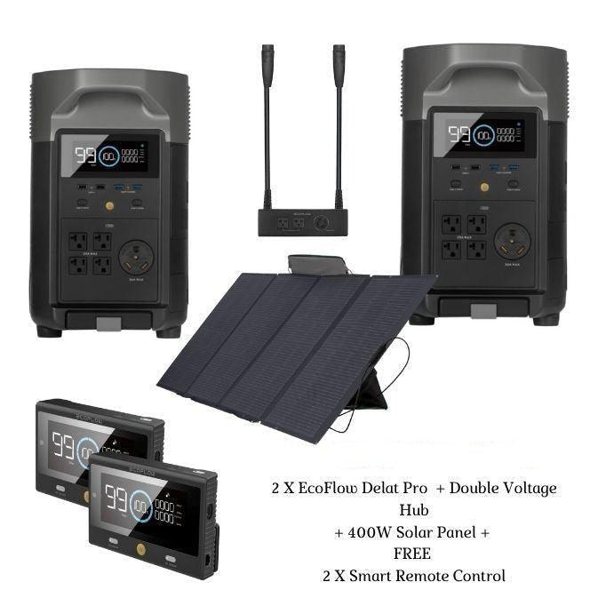 EcoFlow 2XEcoFlow DELTA PRO+Remote Control+Double Voltage Hub+400W Solar Panel Bundle - eBike Haul