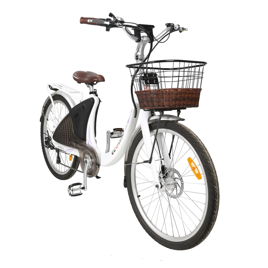 ECOTRIC Ecotric 26inch White Lark Electric City Bike For Women with basket and rear rack - eBike Haul