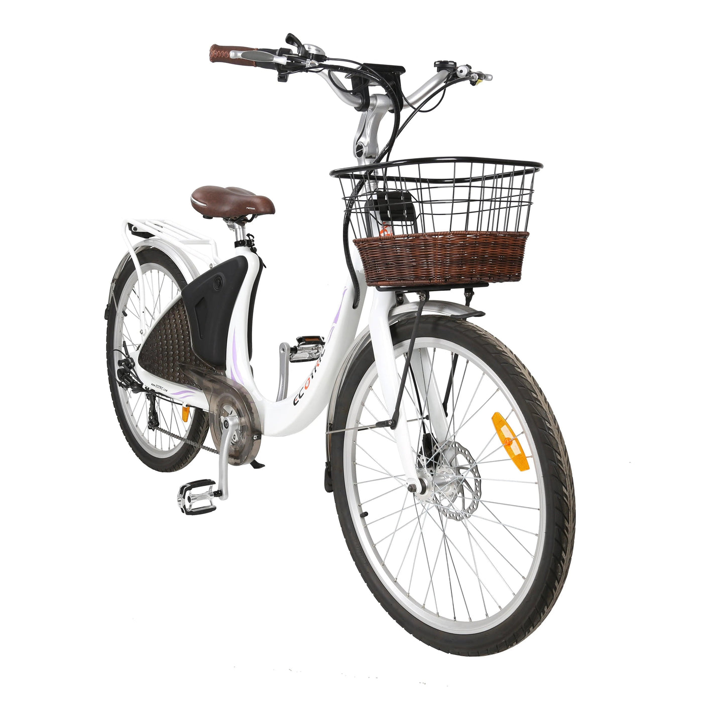ECOTRIC Ecotric 26inch White Lark Electric City Bike For Women with basket and rear rack - eBike Haul